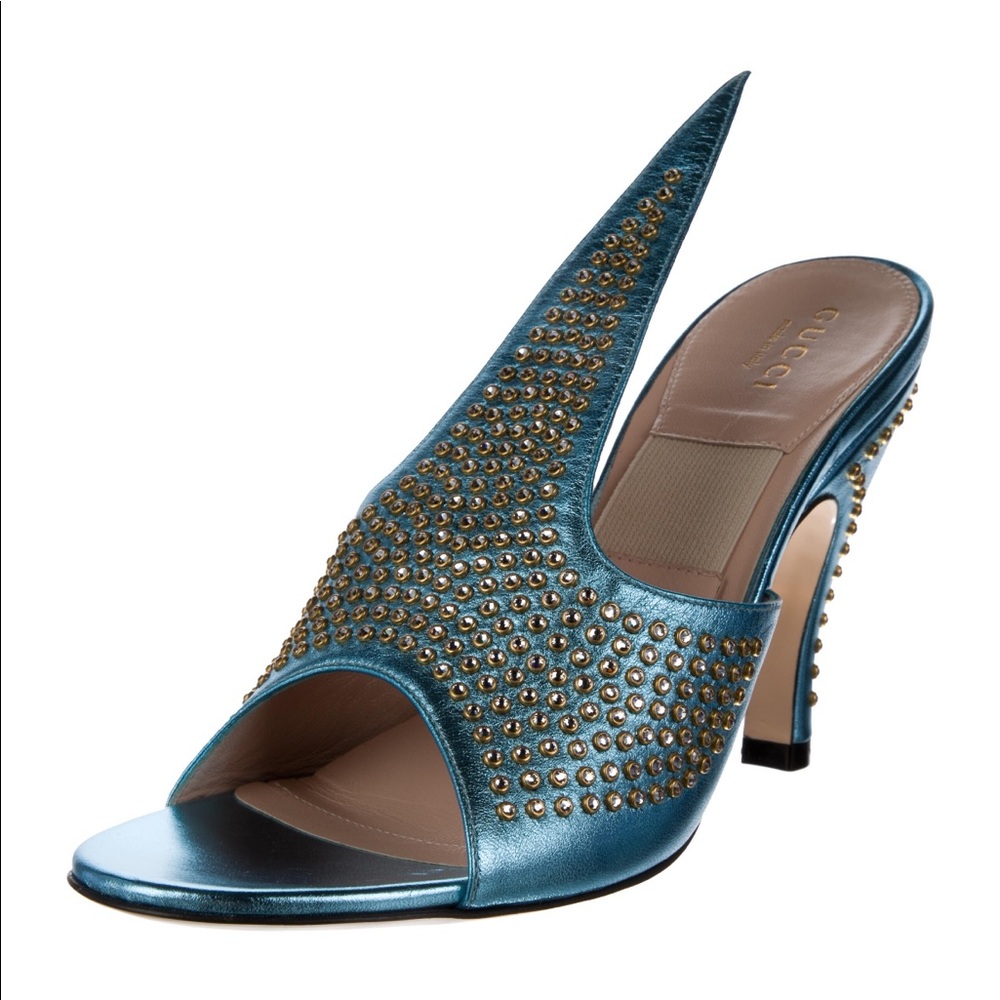 Metallic Gucci fedra heels with crystals. Never worn. NIB dust bag